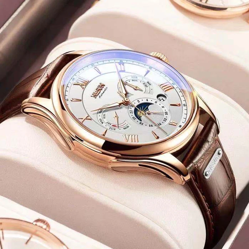 

NESUN Mens Mechanical Watches Top Brand Luxury Leather Moon Phase Automatic Watch Men Fashion Sport Waterproof Clock 9030