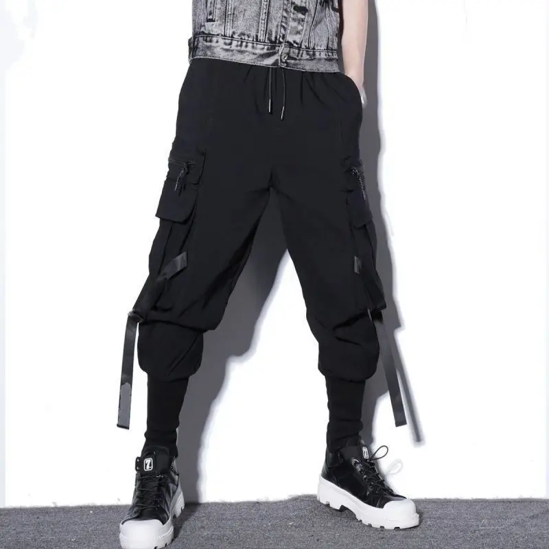 Harajuku Fashion Cargo Pants Jogger Men Casual Sports Black Pants Men Trousers Pockets Ribbons Decoration Mens Hip Hop Clothing  - buy with discount