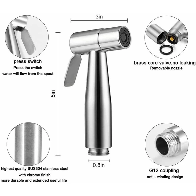 

Stainless Steel Handheld Bidet Toilet Sprayer,Baby Cloth Diaper Sprayer Hand Held Sprayer Bidet Toilet Cleaning US PLUG