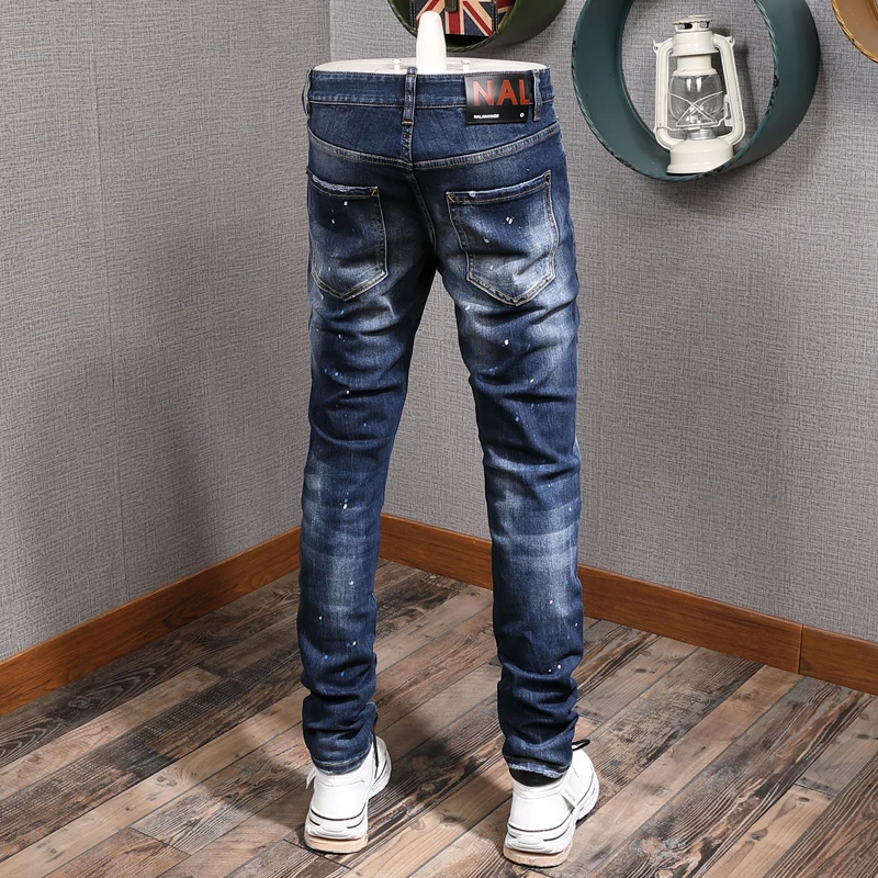 European Street Fashion Men Jeans Retro Blue Slim Fit Ripped Jeans Men England Style Patches Designer Hip Hop Denim Punk Pants