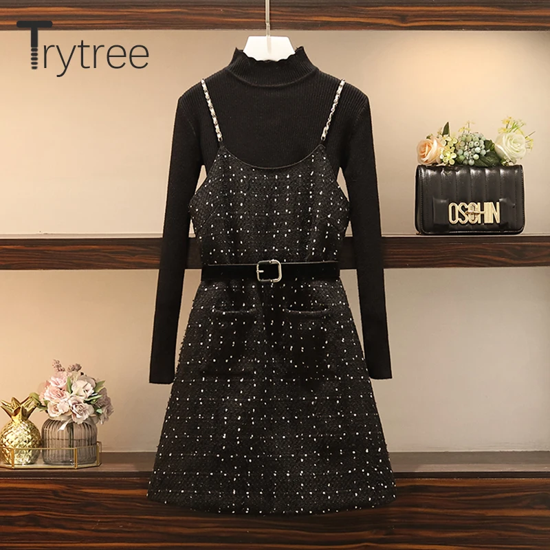 Trytree 2020 AW Women Casual two piece set Knitted Sweater + Sling Dress Polka Dot Zipper Sashes Set Fashion A-line 2 Piece |