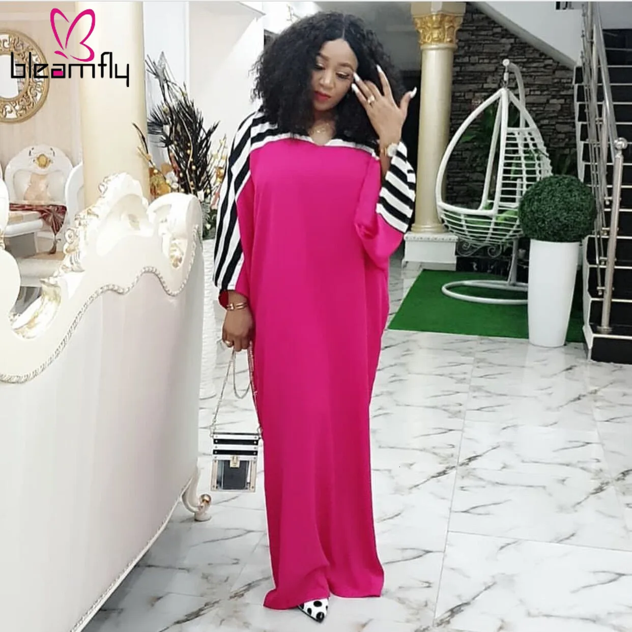 Новинка 2019 женское осеннее платье в полоску с рукавом летучая мышь и v-образным