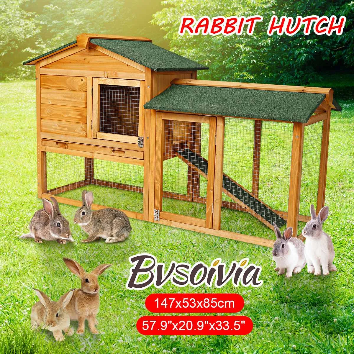 

BVSOIVIA Double Layer Rabbit Wooden Cage Pet Hutch Chicken Coop Hen Guinea Pig House Cage Deluxe Large Shelter 147x53x85CM