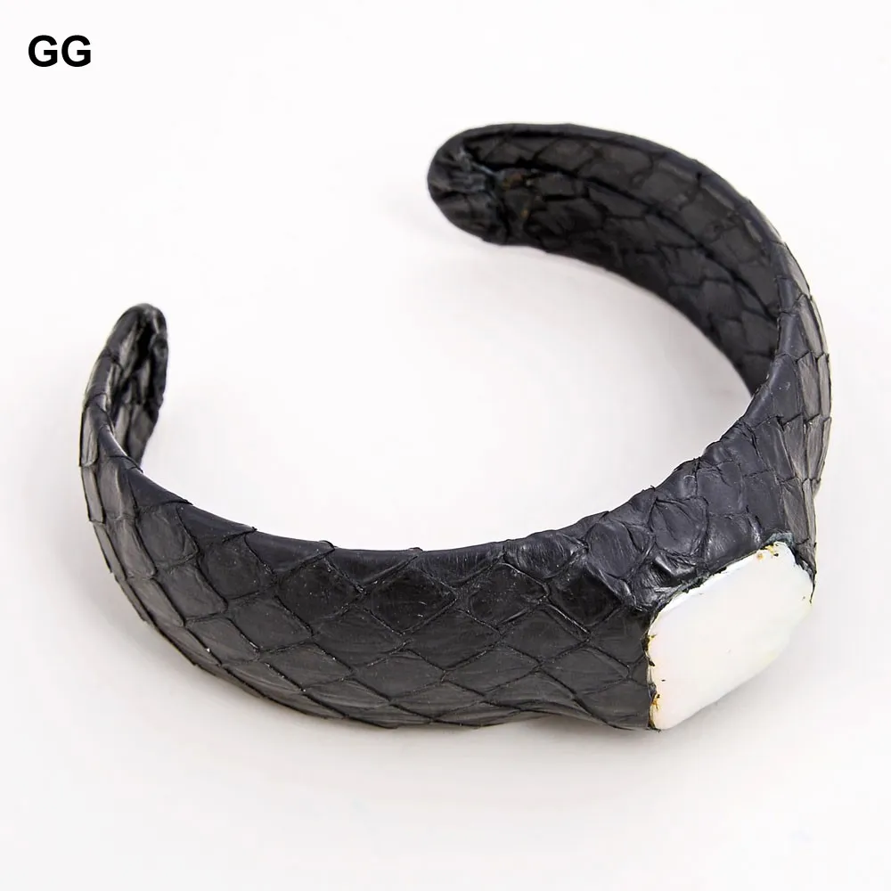 

B012931 16x24mm White Keshi Pearl Black Leather Bangle Bracelet