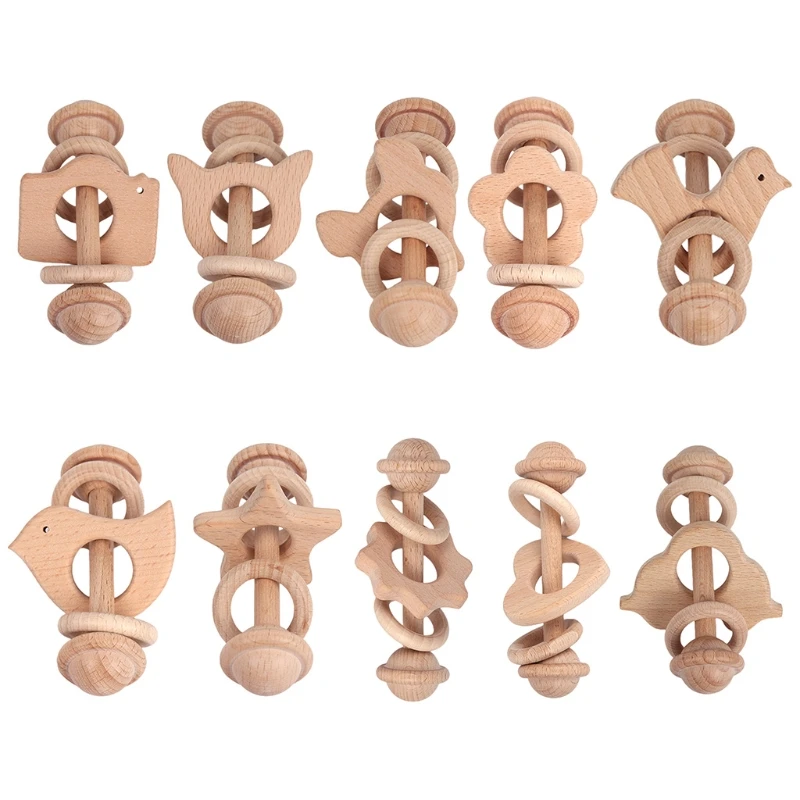 

Baby Wooden Beech Teether Bell Rattle Ring Soother Molar Toddler Teething Toys