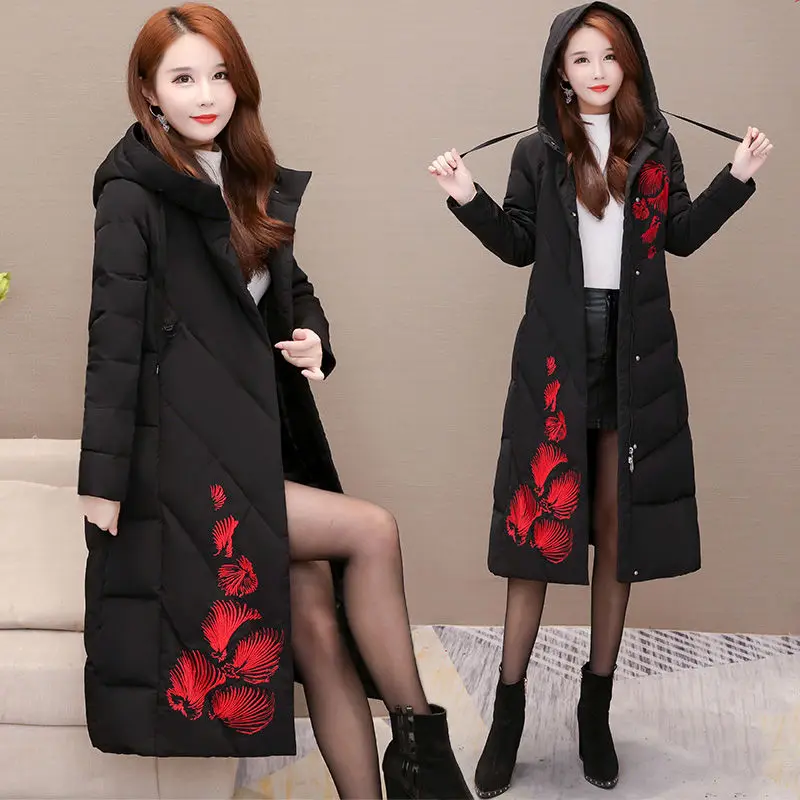 

2020 New Autumn Women Long Hooded Oversize Coat Student Thick Warm Flower Cotton Padded Fashion Loose Long Parkas W316