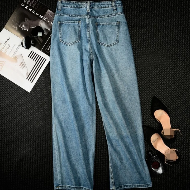 

Office Lady Beading Jeans Streetwear Appliques Rhinestone Loose Wide Leg Pants Light Blue Zipper Casual Straight Denim Trousers