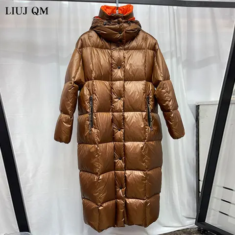 Женская парка с перьями, зимняя длинная пуховая куртка 2021, женское толстое пальто на утином пуху, свободная водолазка с капюшоном, роскошное Брендовое пальто