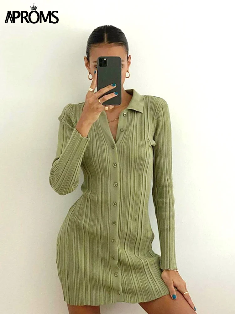 

Aproms Elegant Green Thick Ribbed Knitted Shirt Dress Women 2021 Winter Buttons Long Sleeve Stretch Bodycon Short Mini Dresses