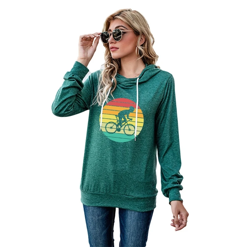 

Women Long Sleeve Drawstring Hoodies Rainbow Striped Bicycle Graphic Sweatshirt BX0B