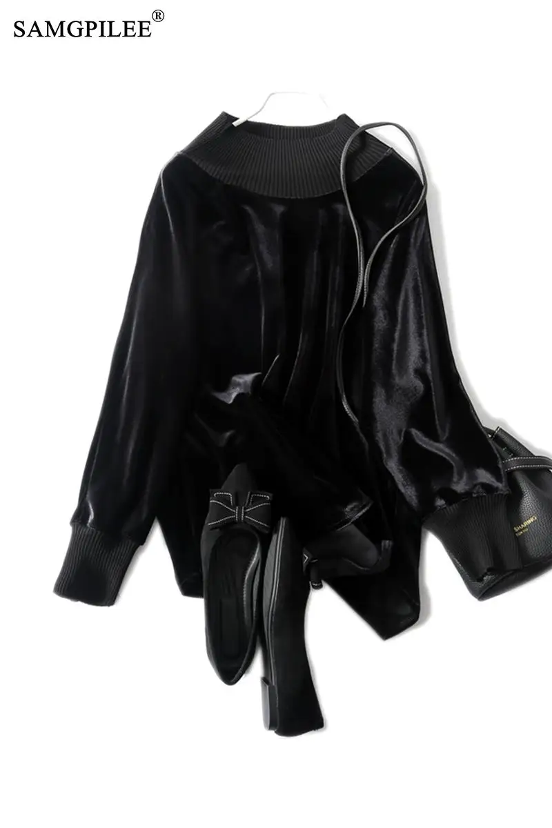 

Long Sleeve Shirt Women European Station 2020 Autumn Winter New Round Neck Bat Sleeve Gold Velvet Slim Plus Size Woman T-shirts