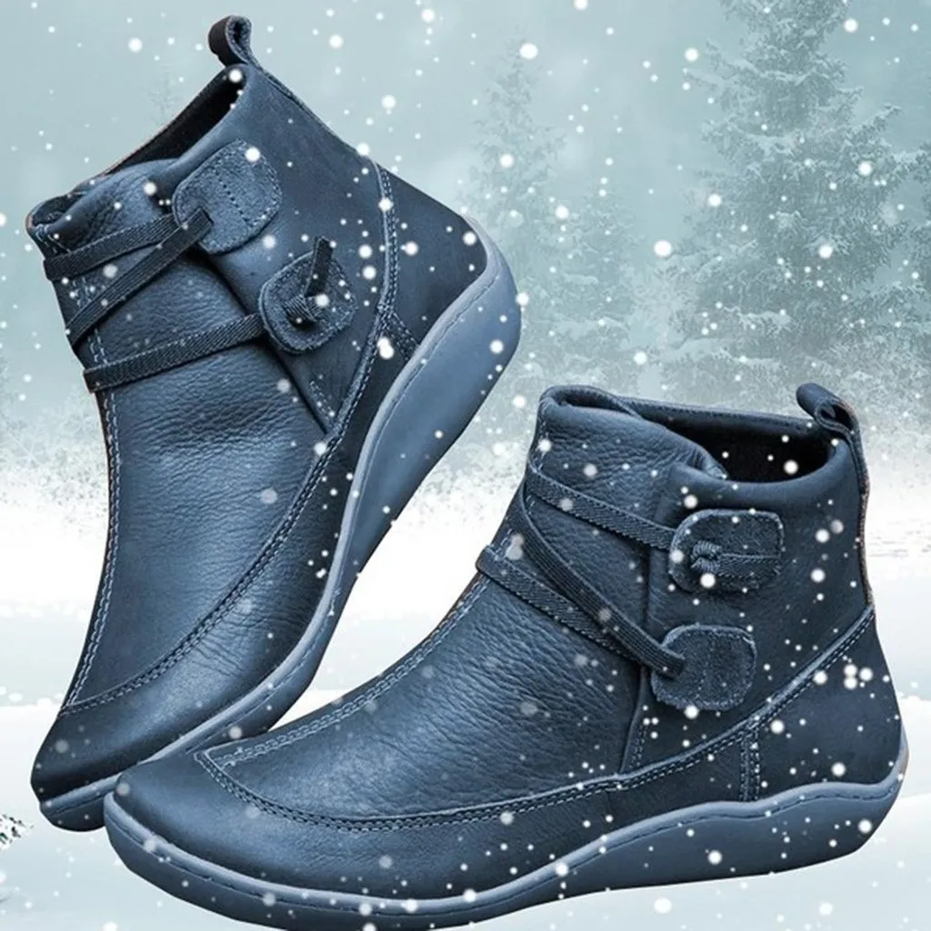 Women's Vintage Leather Boots Women Flat Heel Round Head Waterproof Shoes woman Winter Warmer Hiking Snow Ankle | Обувь