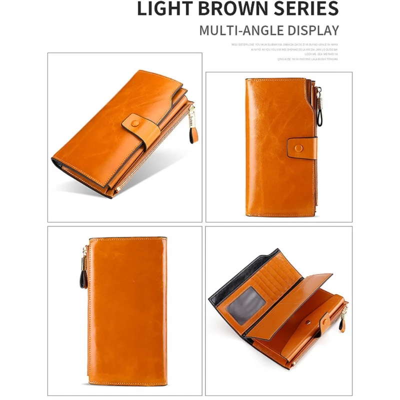 

Women's RFID Blocking Large Capacity Luxury Wax Split Leather Clutch Wallet Card Holder Organizer Ladies Purse