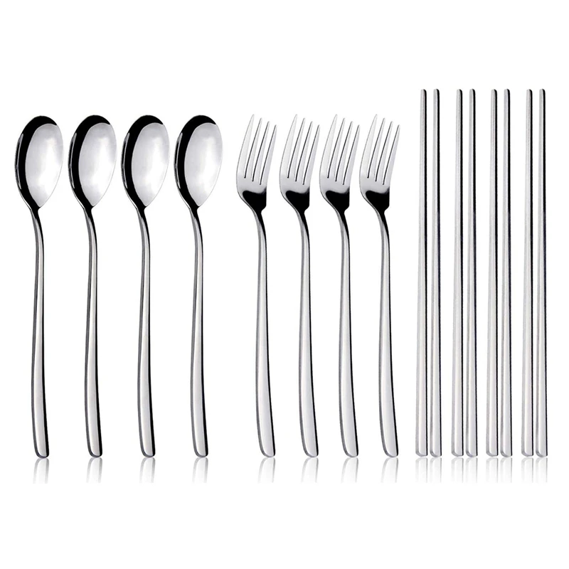 

Spoon Fork Chopstick,Flatware Silverware Cutlery, Stainless Steel Tableware, Long Handle Kitchen Dinnerware(4 Pairs)