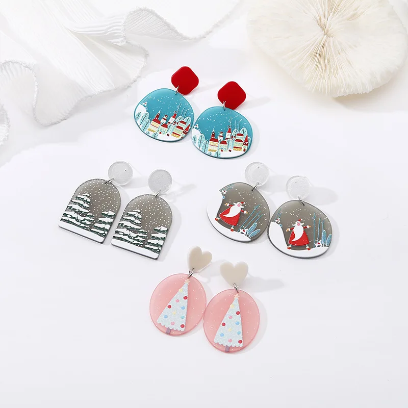 

Fashion Christmas Earrings for Women Acrylic Geometric Christmas Tree Santa Claus Snow Stud Earrings 2021 New Women Jewelry