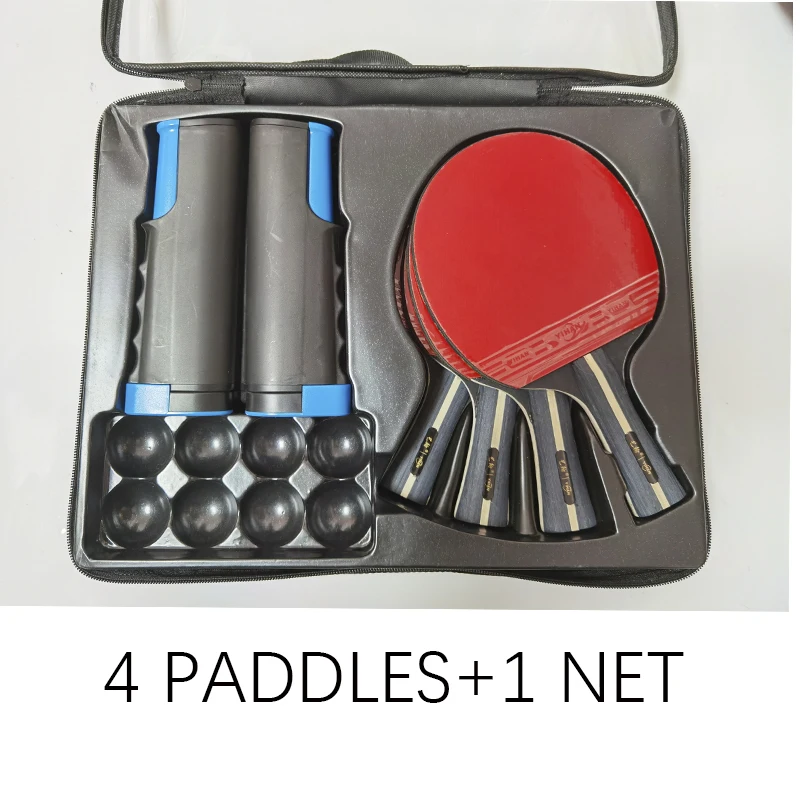 

Professional Double-sided rubber Table Tennis Racket Set with 4 ping pong paddles + 1 net pingpong bat