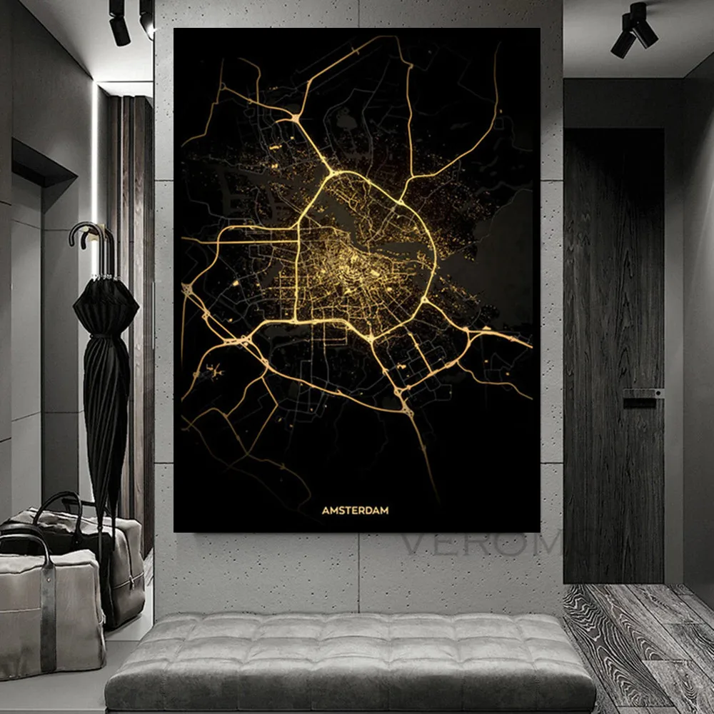 

Poster Amsterdam Map Netherlands City Maps Custom Print Golden Glow Black Gold Art Canvas Painting for Home Wall Decor Picture