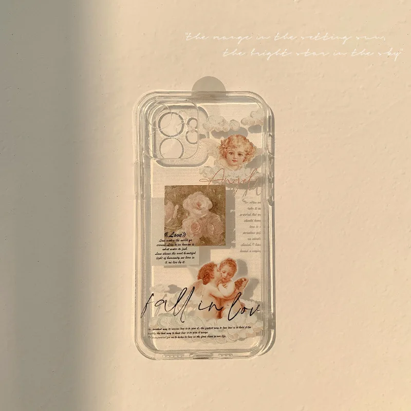 Retro rose angel cute transparent clear phone case for iphone xr xs max x 8 7 plus 11 12 mini 13 14 pro max soft silicone cover