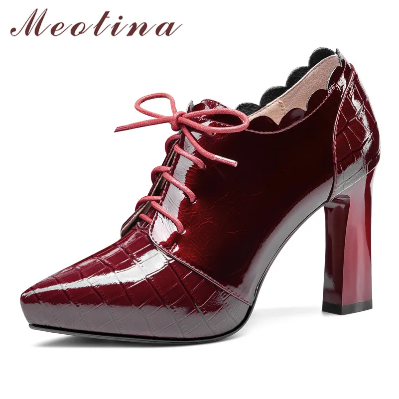 

Meotina Genuine Leather Platform Super High Heel Pumps Women Shoes Pointed Toe Cross Tied Block Heels Footwear Ladies Black 40