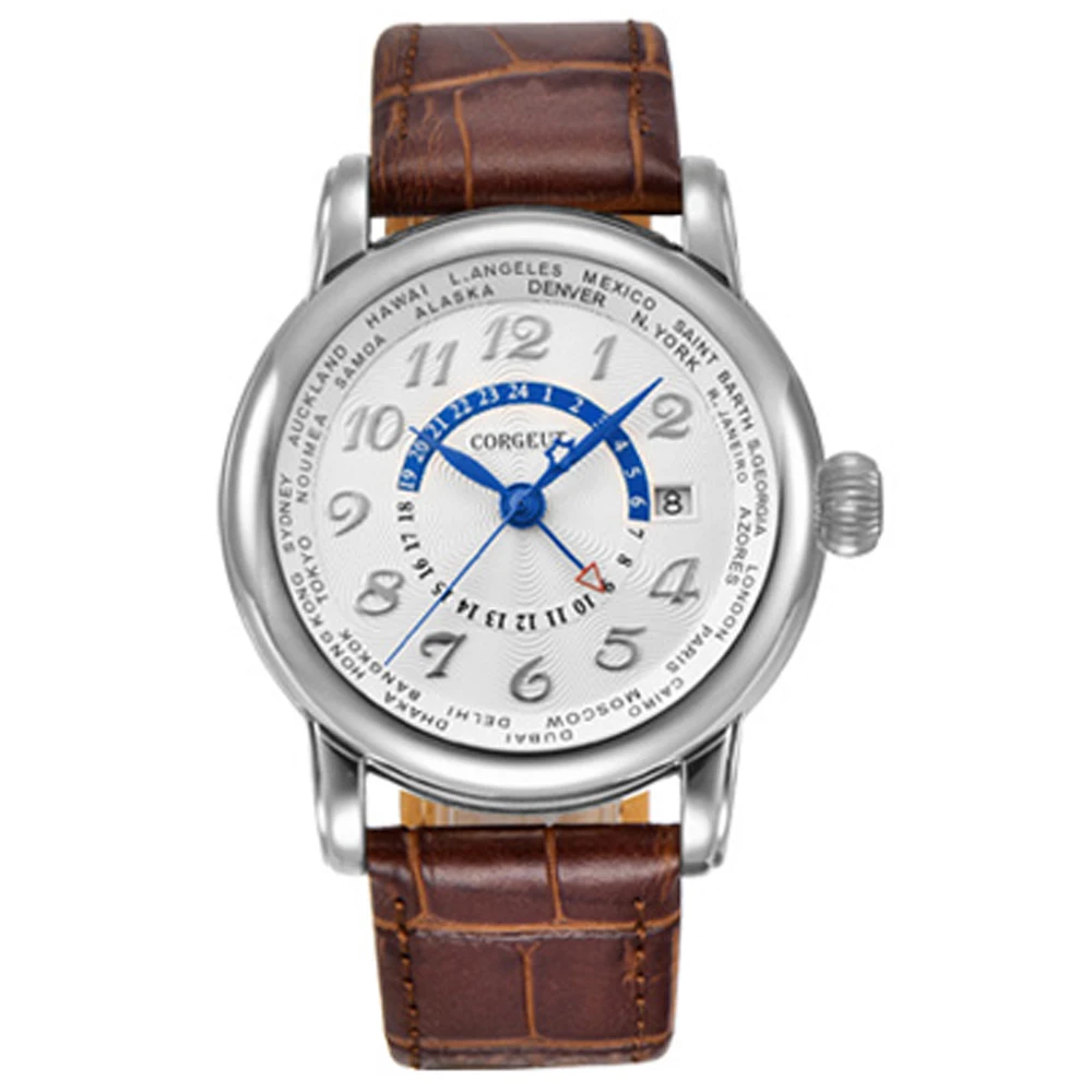 Corgeut 43 мм Роскошные брендовые механические часы кожаный топ Dual time zone GMT
