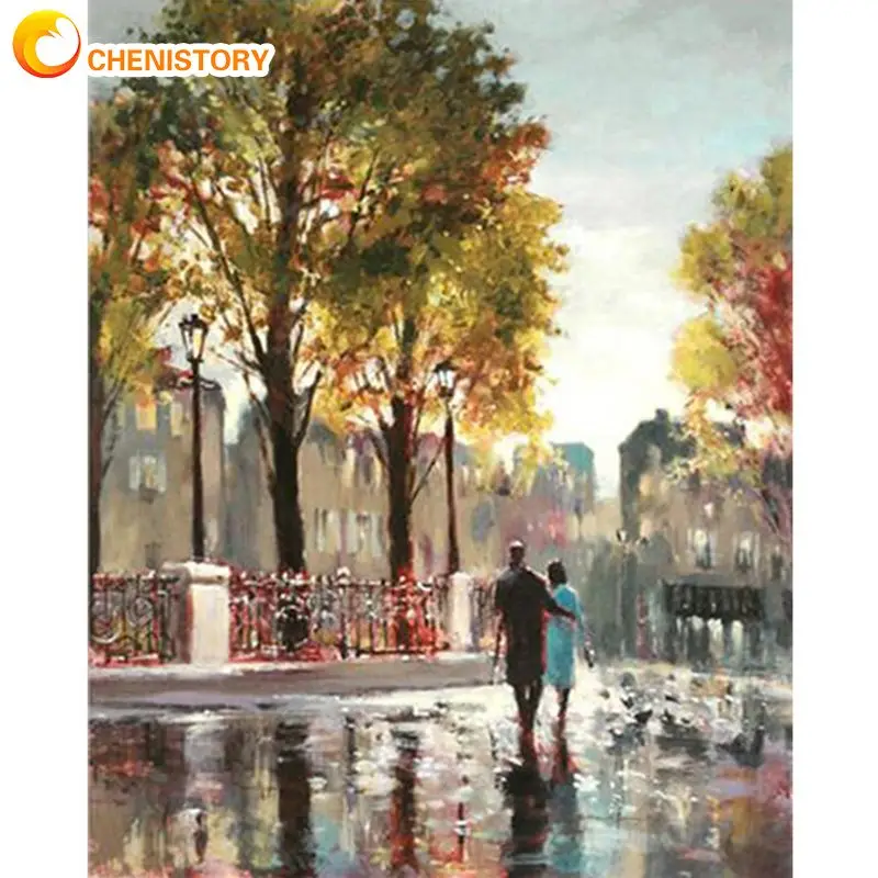 

CHENISTORY Painting By Numbers Lovers Walk In Rain Landscape Oil Paint Kits Handmade 60x75cm Frame Home Decoration Wall Photos