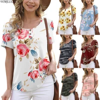 wireless age t shirt women short sleeve round neck camouflage floral buttons printed loose casual tops new summer fashion wild