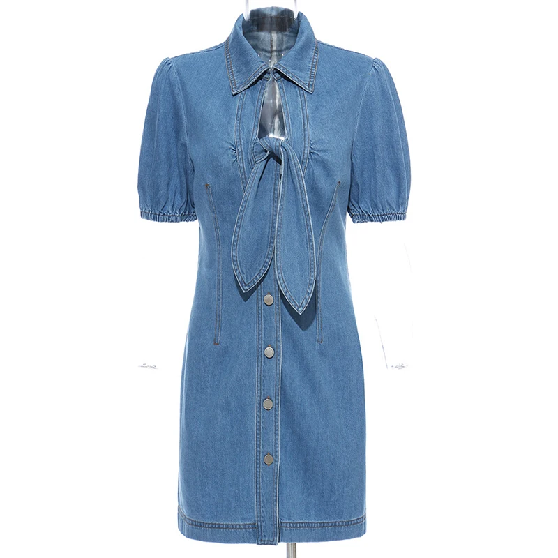 Для женщин джинсовая рубашка летнее платье с бантом Высокая Талия Джинсовая