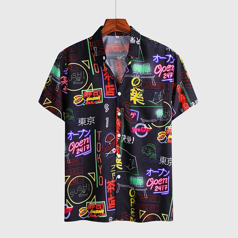 

Men's shirt European/American and Japanese tide brand summer neon light printing short-sleeved men's shirt cotton shirt