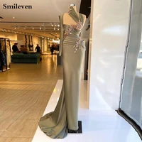 smileven olive green merrmaid formal evening dress one shoulder pleats 3d flowers prom dresses new celebrity dresses party gowns