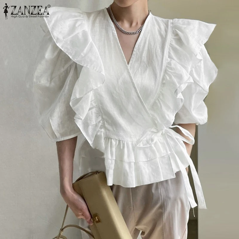 

ZANZEA Women Summer Shirt Stylish V Neck 3/4 Sleeve Ruffles Blouse Elegant Ruffles Lace Up Tops Solid Office Blusas Oversized