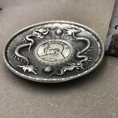 Античный рельефный двойной дракон играющий с жемчугом украшение из белой меди и