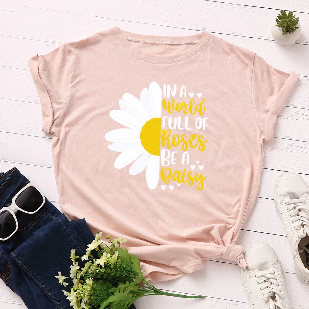 

2020 New Summer Cotton Plus Size Women T-shirts Chrysanthemum Inspirational Letter Print T Shirt Mujer Tee Tops