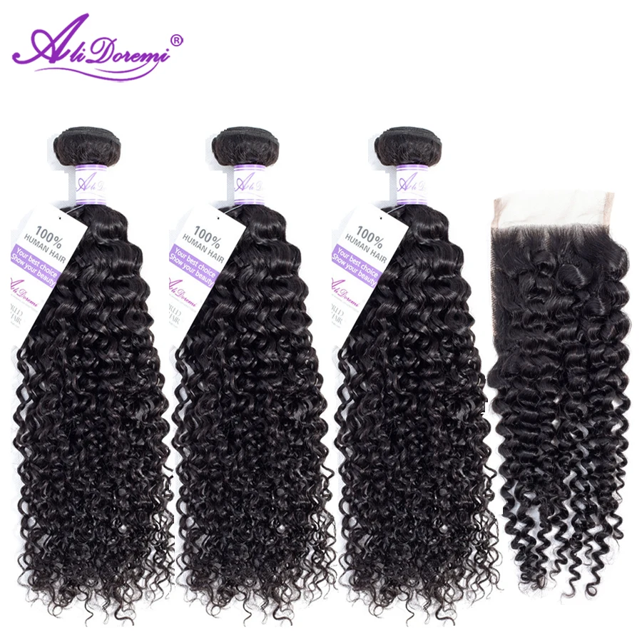 Alidoremi малазийские кудрявые пучки волос с закрытием бесплатная часть 100% Remy