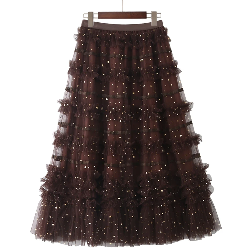 

Women's Mesh Skirt Ball Dress Black Long Dress High Waist A-line Stitched Ruffle Sequin Skirt Women's Fashion Sweet Dress 2022