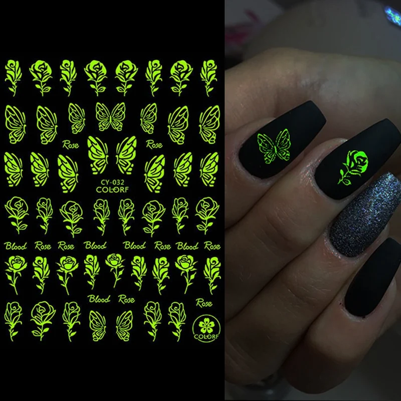 

6Pcs Flame Luminous Nail Sticker Flame Butterfly Star Moon Glitter Design Glow In The Dark Slider Manicure Sliders