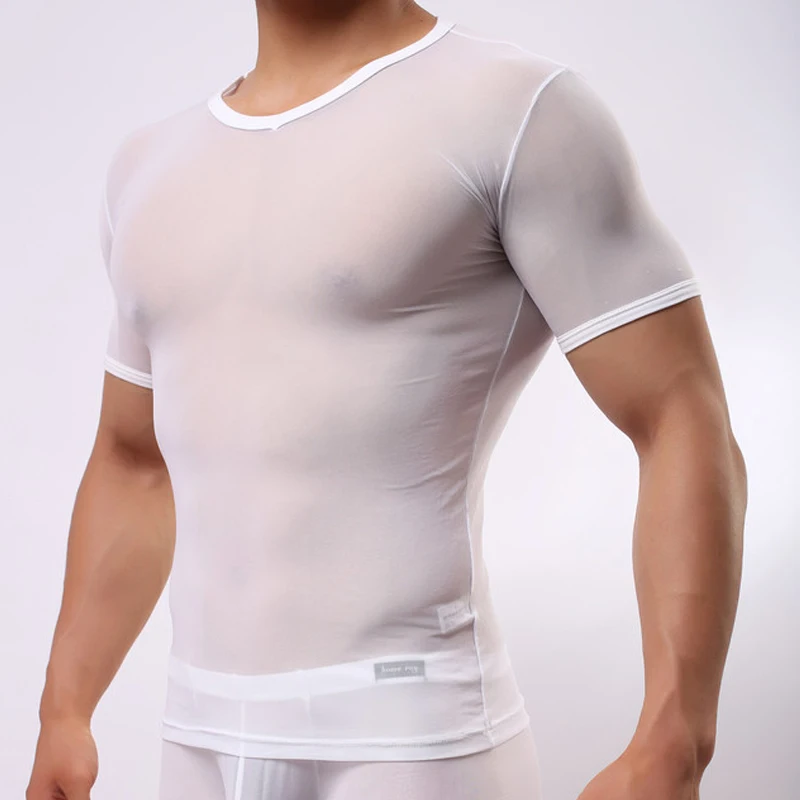 Мужские прозрачные футболки сетчатые Сексуальная мужская футболка с круглым