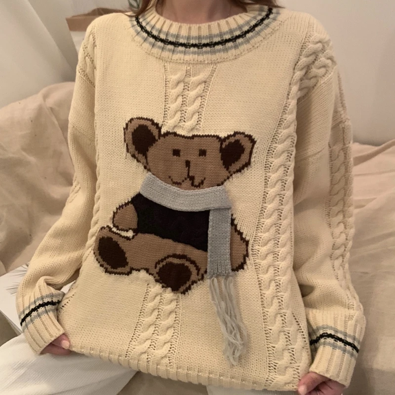 

Autumn Winter Long Sleeve Knitted Sweater Sweet Cute Stereo Bib Handmade Cute Bear Pullover Sweater Female Chic Cartoon Sweater