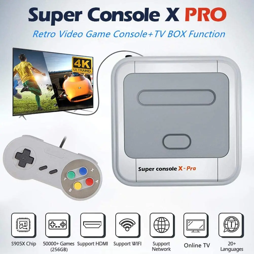

1PCS Super Console X Pro S905X HD WiFi Output Mini TV Video Game Player For PSP/PS1/N64/DC Games System Built-in 50000+ Games