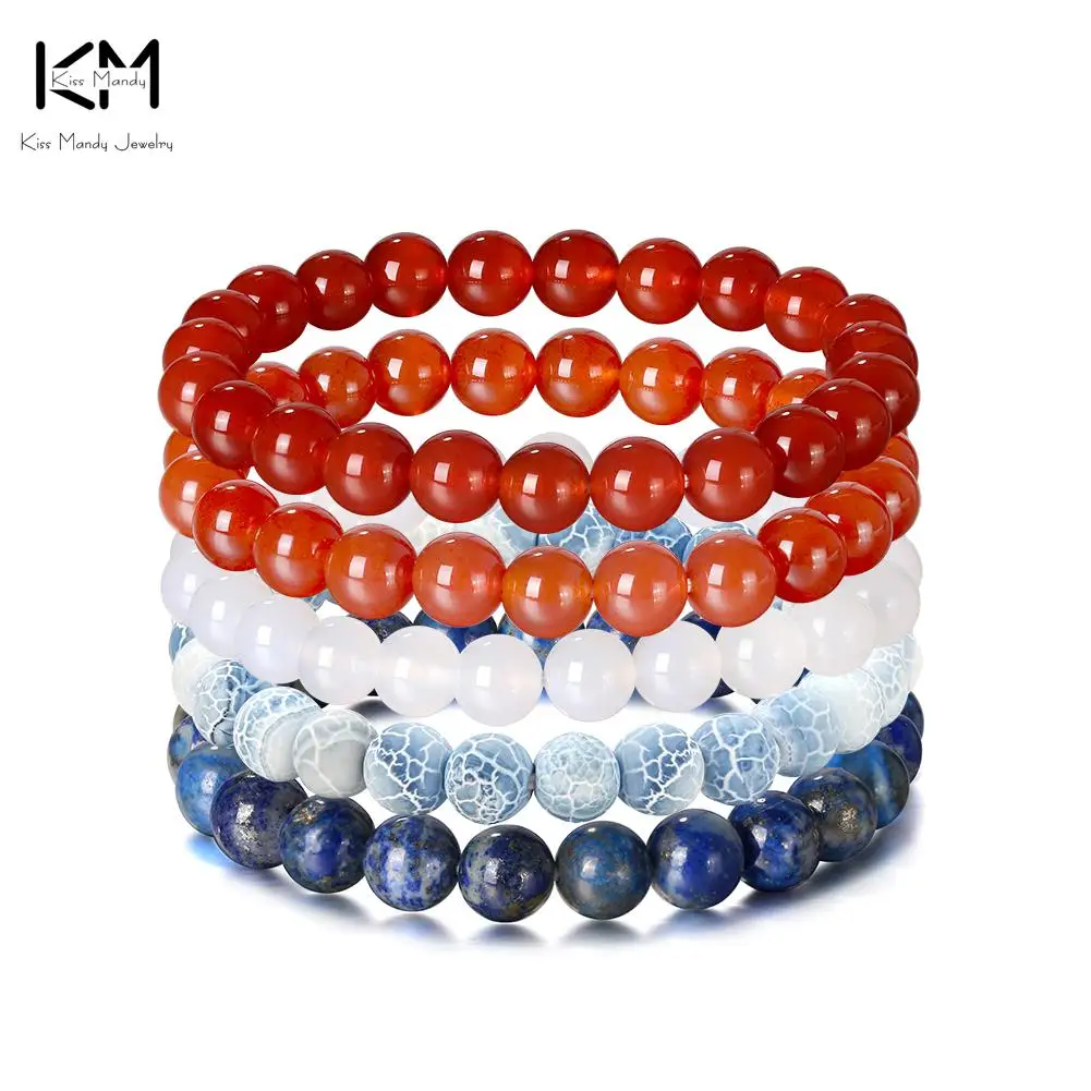

KISS MANDY 5Pcs/set Red Agate Bracelet Women Men Lapis Lazuli Natural Stone Beads Bracelet Round Beads Bracelet Wholesale GMB44