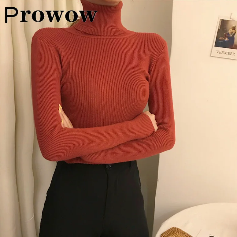 

Prowow autumn Winter Fashion Solid Knit pullover sweater Female Casual Streetwear long sleeve Turtleneck Free size stretch tops