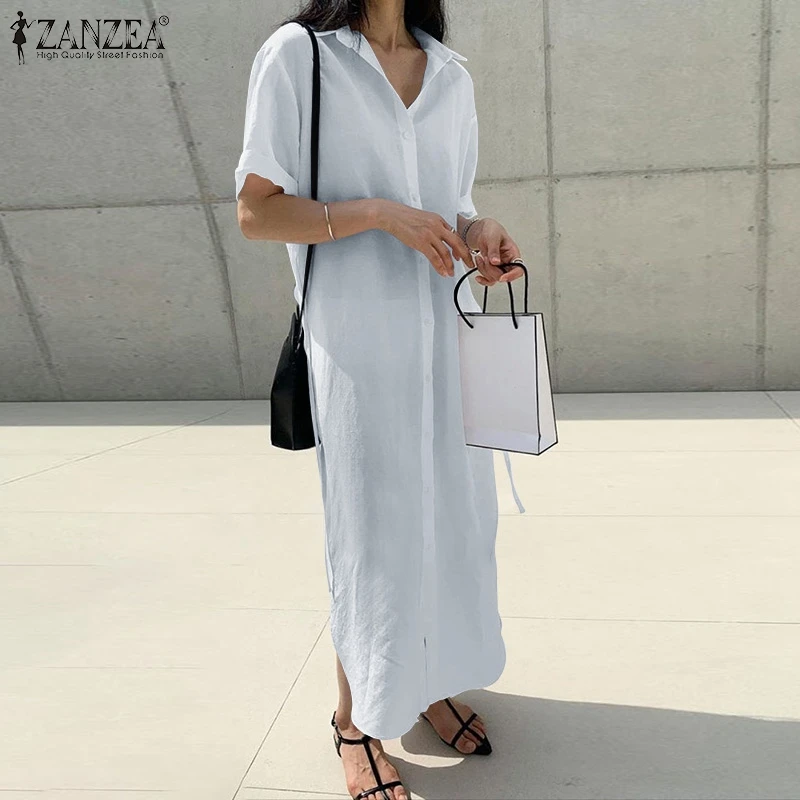 

ZANZEA Leisure Long Shirt Dress Solid Short Sleeve Turn-Down-Collar Kaftan Maxi Vestido Cotton Sundress Femme Split Button Robe