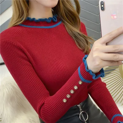 OHCLOTHING5344-женские свитера 2019New Женский пуловер высокая эластичность falbala вязаный кружевной воротник подходит ко всему джемпер