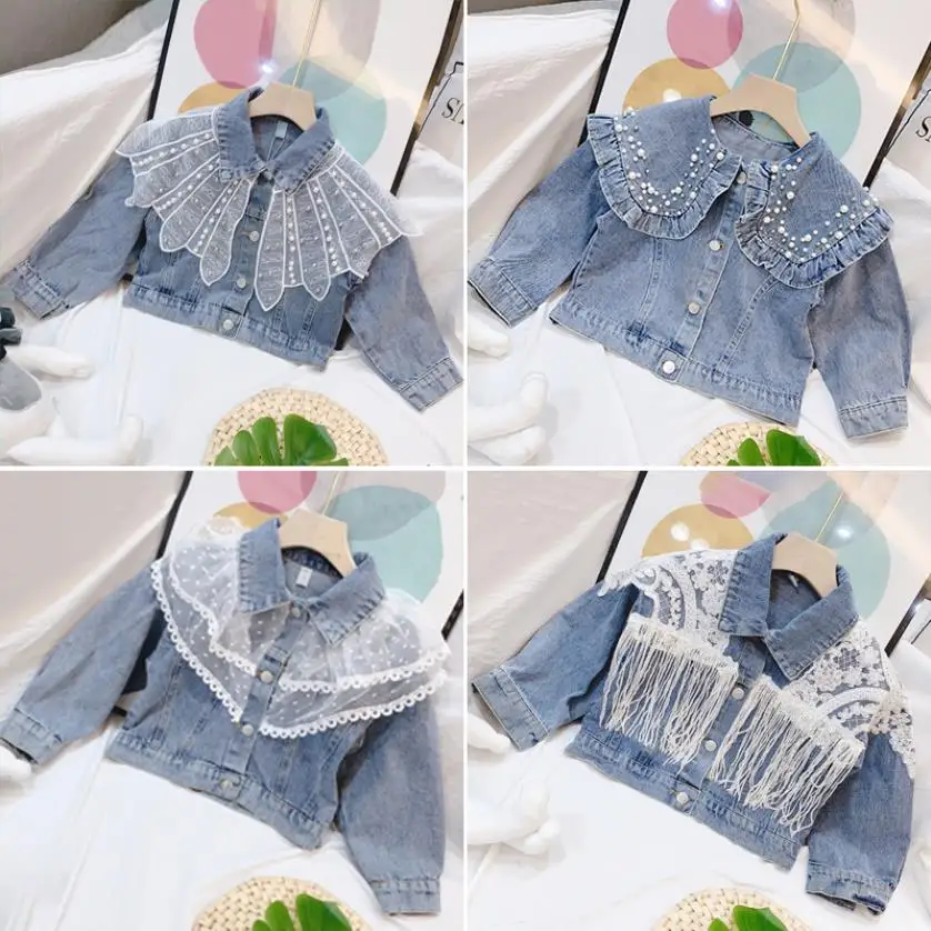 

Детская джинсовая куртка для девочек, весенне-осенняя модная ковбойская куртка с длинными рукавами и жемчужинами, ws1767