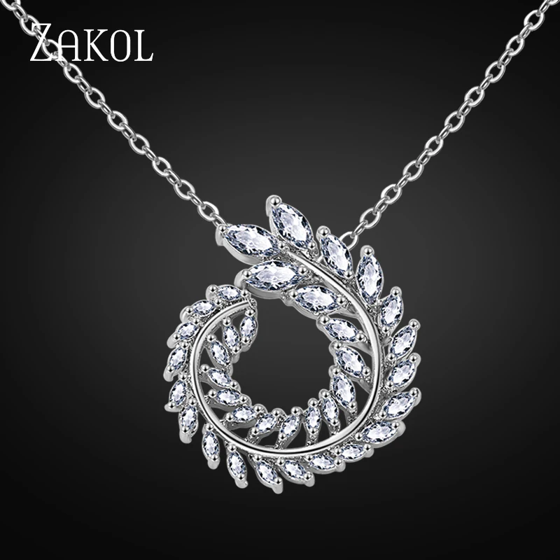 ZAKOL Trendy Leaf Shape Clear AAA+ CZ Zirconia White Color Pendants Necklaces for Women Wedding Party Jewelry FSNP062 | Украшения и