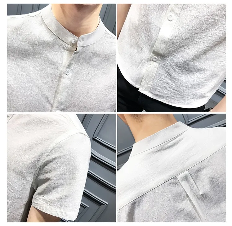 

Mandarin Collar Short Sleeve Cotton Shirt Men Black White Blue Shirt Man 2020 Summer Solid Breathable Casual Slim Fit Shirt Male