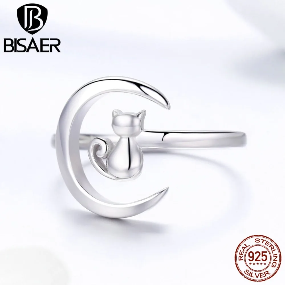 Кольца BISAER, 925 пробы, серебряные, винтажные, озорной кот в Луне, регулируемые кольца на палец для женщин, модное ювелирное изделие, подарок GXR451