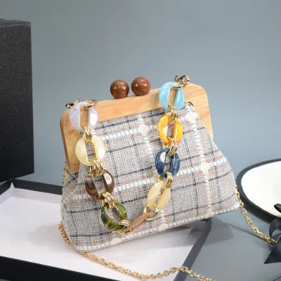 canvas Bolsa de hombro, Сумка с акриловой ручкой, сумка на плечо с цепочкой, холщовая, в полоску, с деревянным зажимом, через плечо, сумки-мессенджеры для женщин - Цвет: canvas