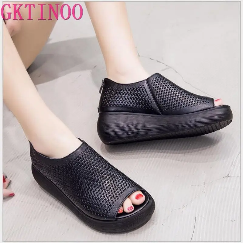 

GKTINOO 2021 Summer Thick Bottom High Flat Platform Sandals For Women Genuine Cow Leather Fashion Wedges Cowhide Sandal Women