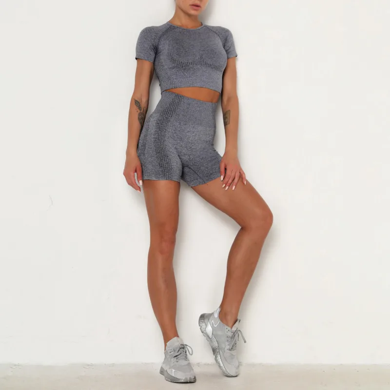 Спортивный костюм для фитнеса тренажерного зала женский короткий топ с коротким