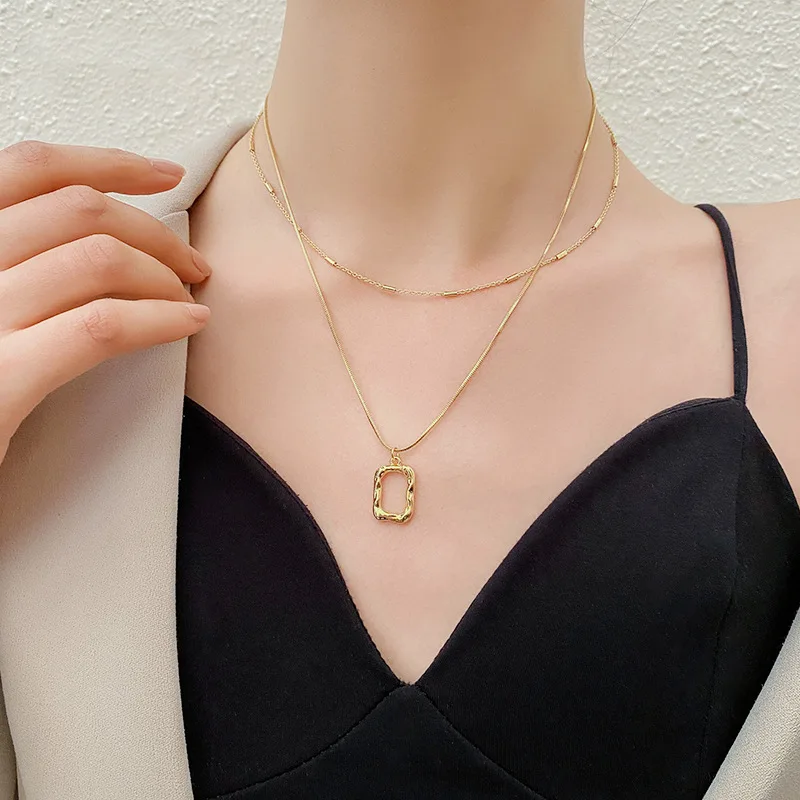 

Double-deck Golden Chain Geometric Pendant Choker Multi-storey Stainless Steel Electroplate 14k Necklace For Women On Vacation